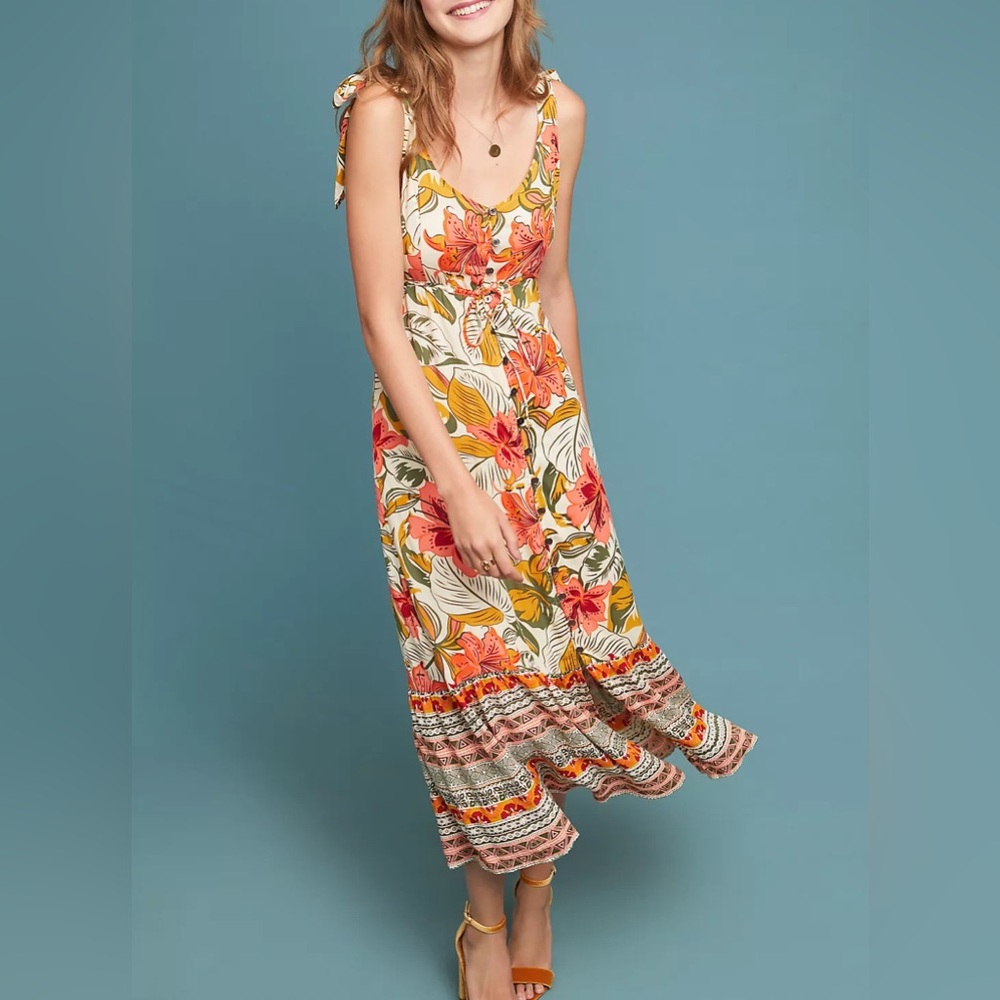 Anthropologie Cleobella Hibiscus Midi Dress with Coral and Mustard Floral Print